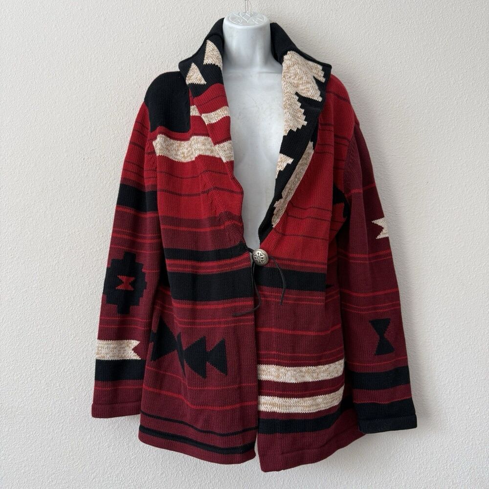 Pendleton Navajo Native American Knit Cardigan Red Black Concho Aztec Sweater L